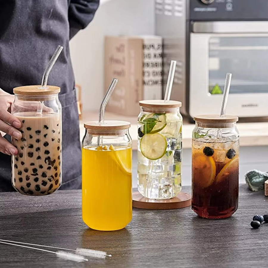 TCJJ Bubble Tea Glasbecher mit Bambusdeckel und Strohhalm, transparent, 400 ml - Bild 3