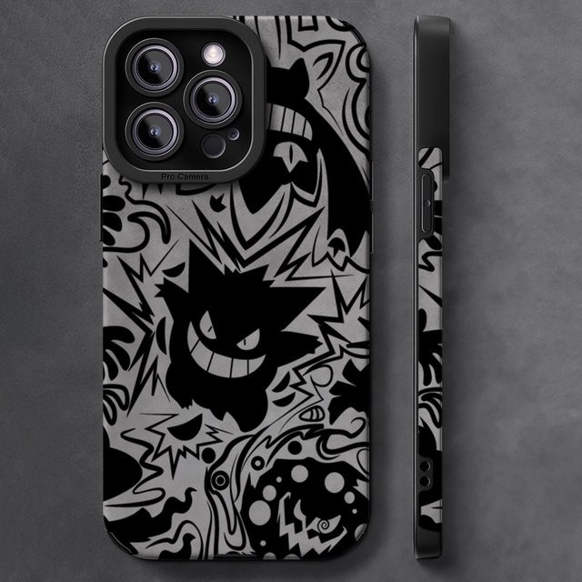 Potdemiel Leder-Lammfell-Handyhülle mit Gengar Pokemon Design in Schwarz für iPhone 17, 16 Pro Max, 15, 14 und 13 Max - Bild 1
