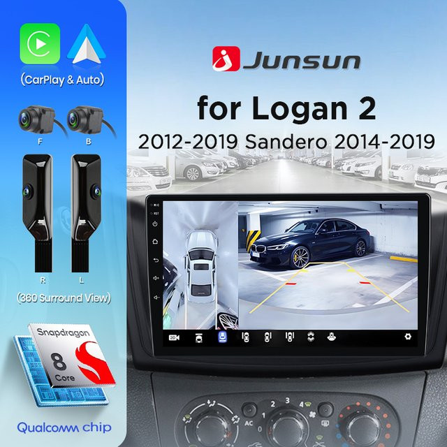 Junsun 8-Core Autoradio mit 360 Kamera, CarPlay und Android Auto für Renault Logan 2 und Sandero 2 (2014-2019) mit GPS, Schwarz - Bild 1