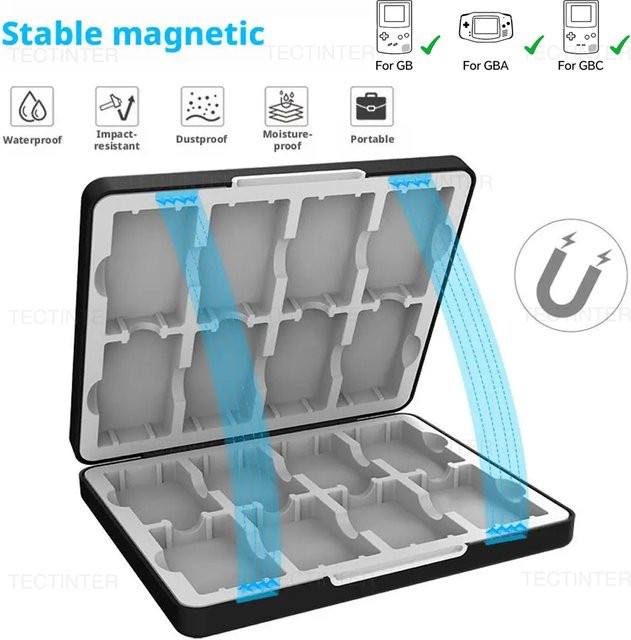 TECTINTER 16-in-1 Magnetische Tragbare Spielkarten-Aufbewahrungsbox für GB/GBA/GBC in Schwarz - Bild 1