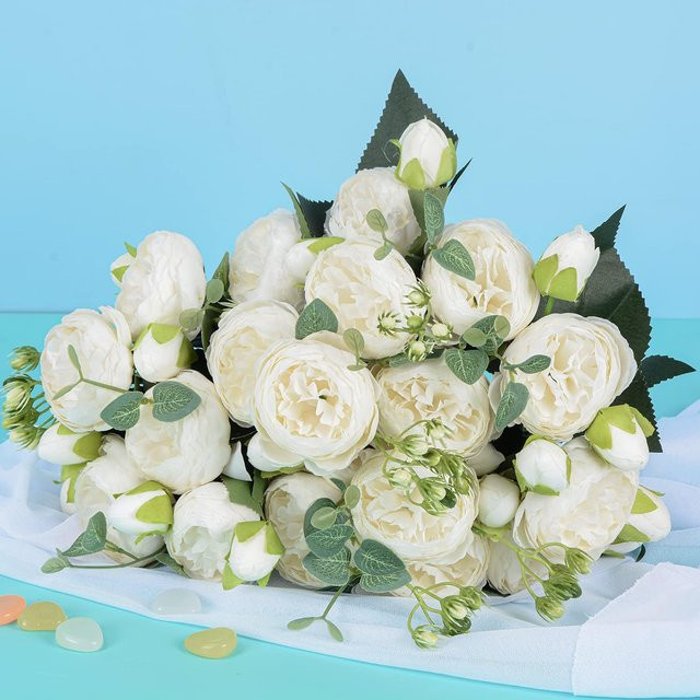 Künstliche Pfingstrosen und Rosen aus Seide in Rot und Weiß, 30 cm Höhe, ideal für Hochzeitsdekoration und Vasen-Arrangements - Bild 1