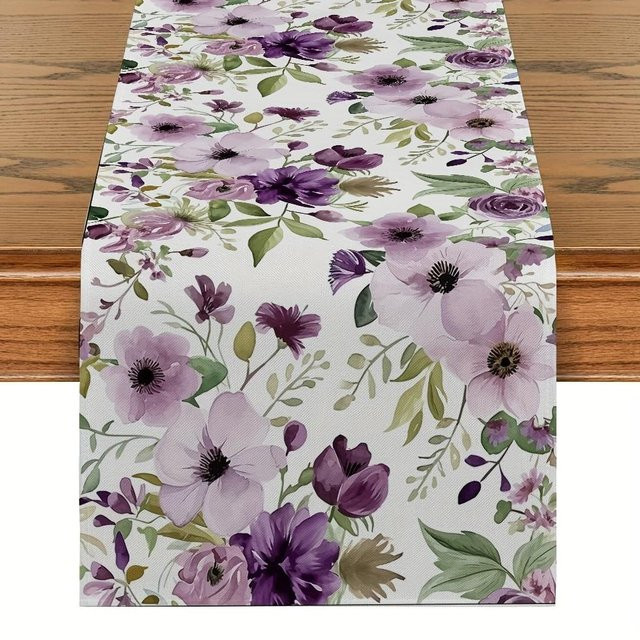 JINGYUE Pet Tischläufer aus Leinen mit grünem Aquarell-Blumenmuster in Grau und Multicolour, B/L: 150 cm, B: 33 cm - Bild 1
