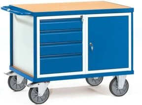 Fetra Tischwagen 2476 in Grau und Blau mit TPE-Reifen, Tragkraft 600 kg, aus Stahl und Holz, rollbar und feststellbar - Bild 1