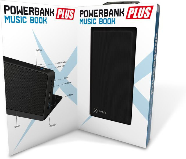 XLayer Powerbank PLUS Music Book 5000mAh Schwarz mit Bluetooth und USB-A - Bild 1