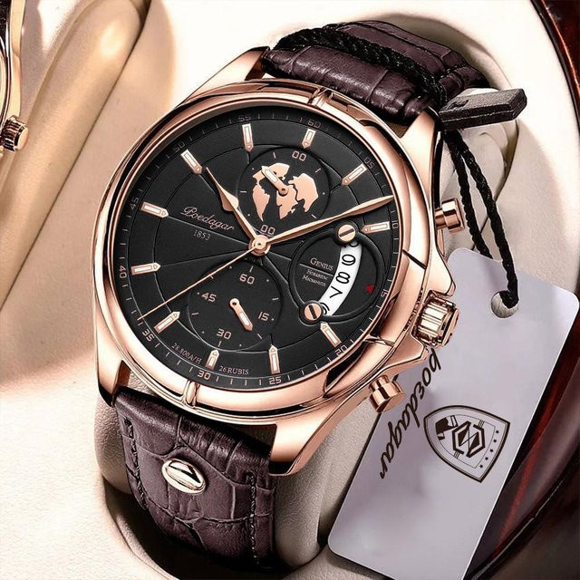 POEDAGAR Armbanduhr Chronograph, Quarz, Leder, Schwarz, Roségold, Herren - Bild 1