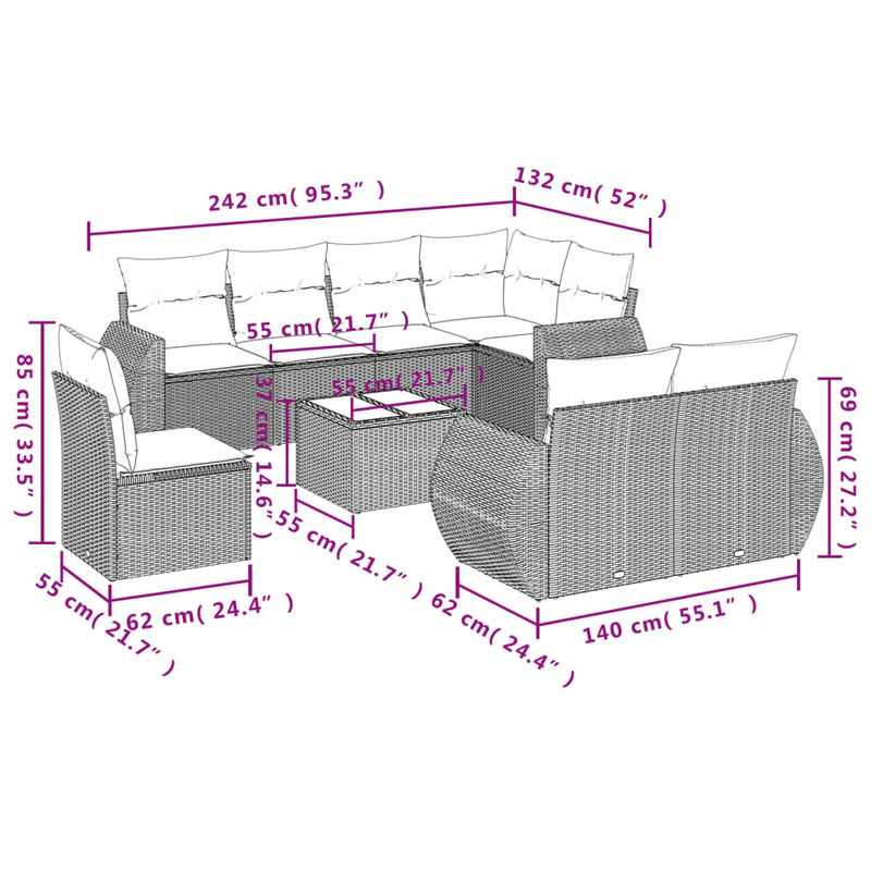 Vidaxl Gartenmöbel-Set aus Polyrattan mit Kissen, 9-teilig, Grau - Bild 2