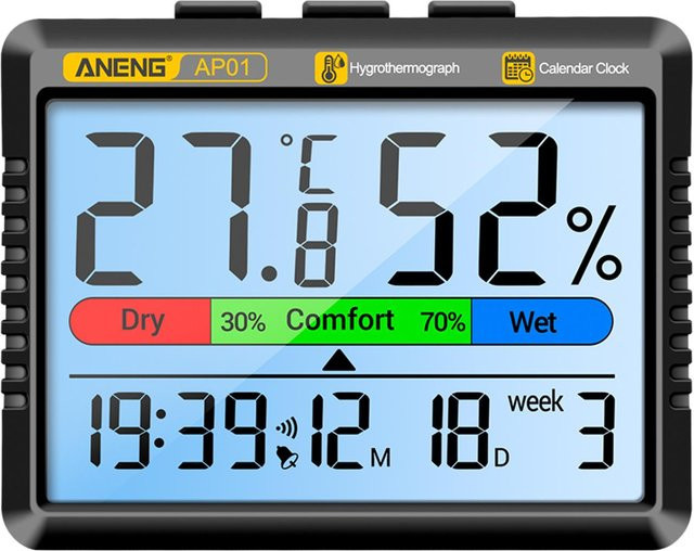 CosyHome Multifunktionales Thermometer Hygrometer mit Weckerfunktion und integriertem Akku, Schwarz - Bild 1