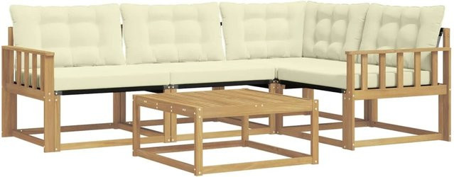 vidaXL Outdoor-Sofagarnitur aus Akazienholz in L-Form mit Textilene-Bezug und Polstern, 5-teilig, Weiß und Beige, B/T/H: 79 x 79 x 37 cm - Bild 1