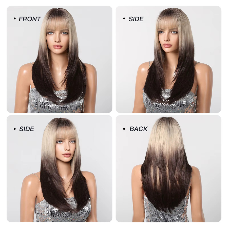 EASIHAIR Perücke, synthetisch, lang, gerade, Platin Dunkelbraun Highlight, mit Pony, Damen - Bild 4