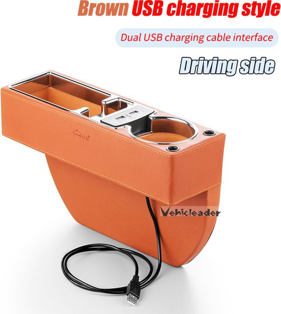 Auto Organizer aus PU-Leder mit Dual USB Ladegerät und Halterung für Flaschen und Tassen als Sitzspalt-Aufbewahrungsbox - Bild 1