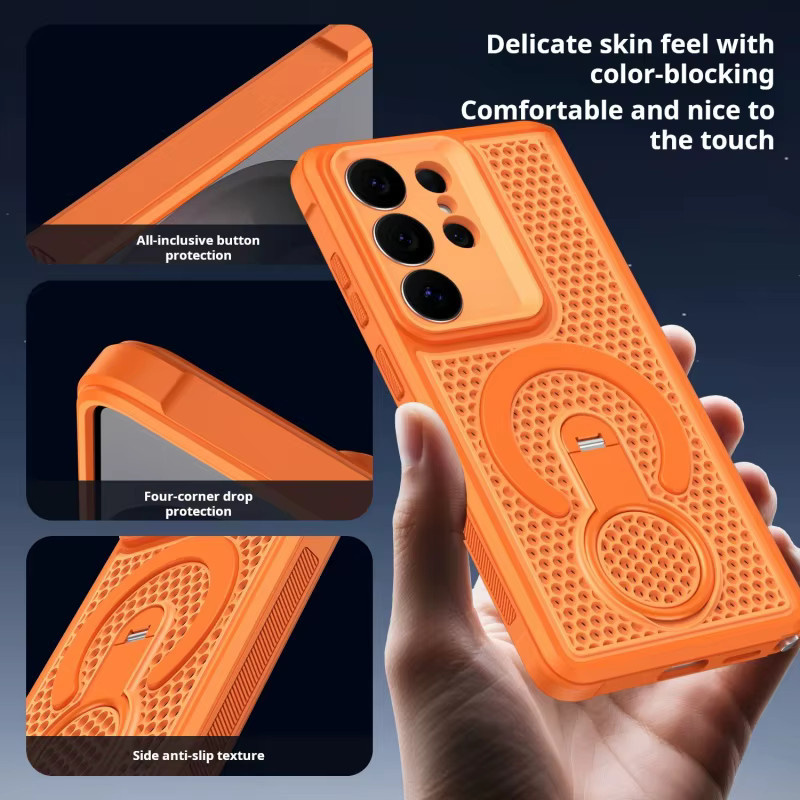 SUNWARD Magnetische Handyhülle für Samsung Galaxy S26 Ultra Plus mit 360 Grad drehbarem Ringständer und Wärmeableitung in Orange - Bild 2