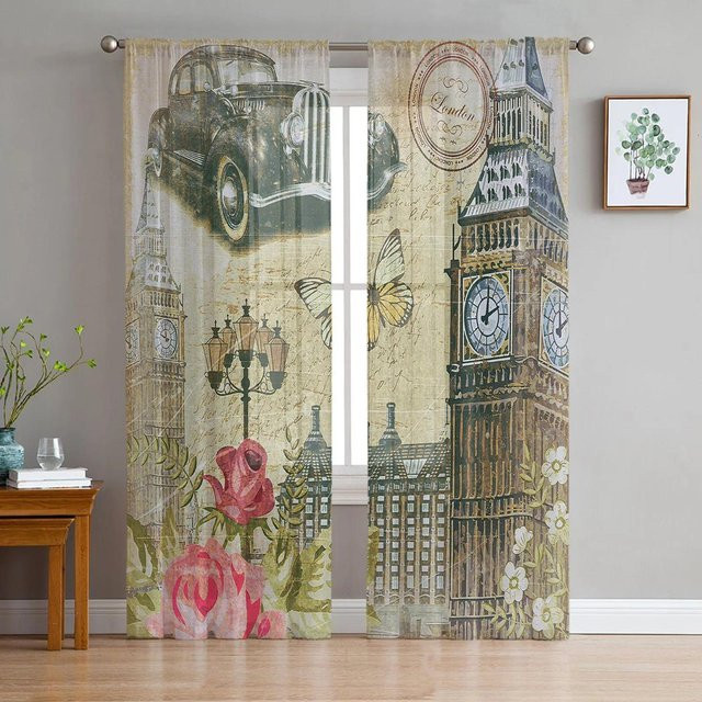 Yiran Furniture Transparentes Voile Organza Tüllfenstervorhang Vintage Car Design mit Ösen, B: 135 cm, H: 115 cm - Bild 1