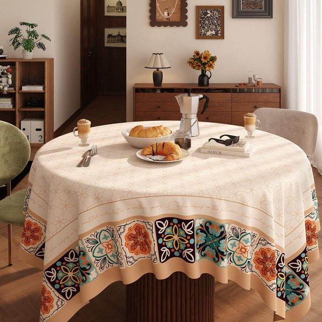 JMG Household Supplies Runde Tischdecke im Retro-Design, Beige, Floral, Wasserabweisend und Waschbar, B: 120 cm, T: 60 cm - Bild 1