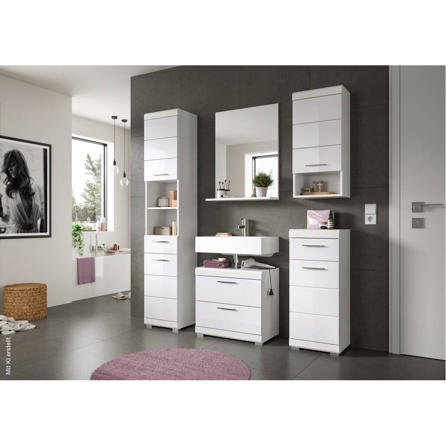 4-teilige Badkombination Xonox in Weiß Hochglanz mit Spiegel, Unterschrank, Hochschrank und Wandschrank, B/H/T: 112 x 191 x 34 cm - Bild 2