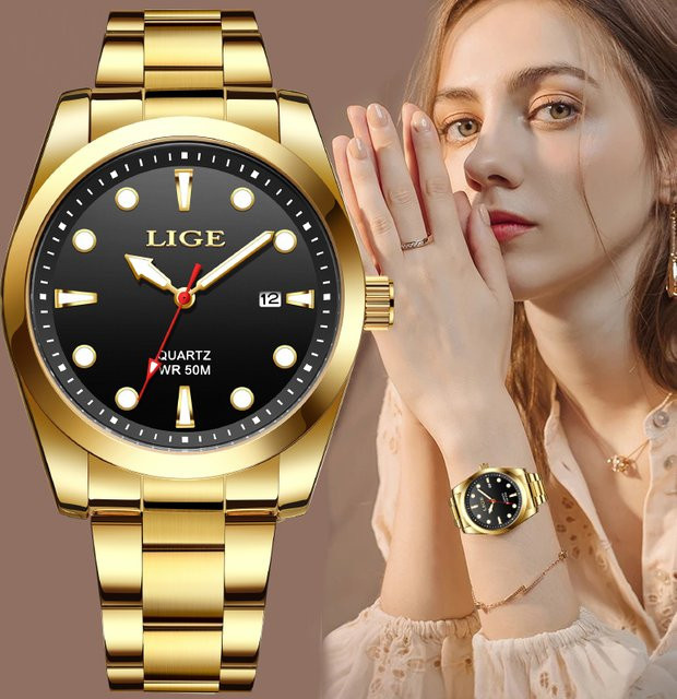 LIGE Armbanduhr Edelstahl, Gold, Quarz, Damen, Leuchtzeiger - Bild 1