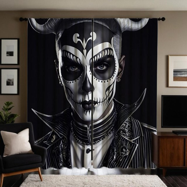 2er-Set dekorative Vorhänge Gothic Ghost Warrior mit digitalem Print, Schwarz, B: 132 cm, H: 160 cm - Bild 1