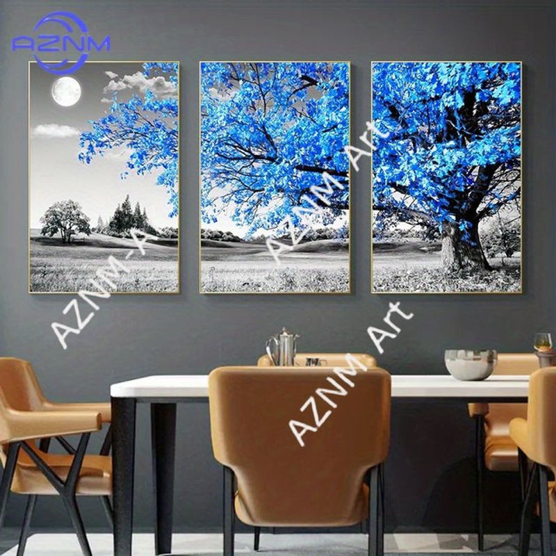 3-teiliges Leinwandposter AZNM mit blauem Baum in grauer Landschaft, skandinavische Wandkunst im Hochformat, rahmenlos - Bild 1