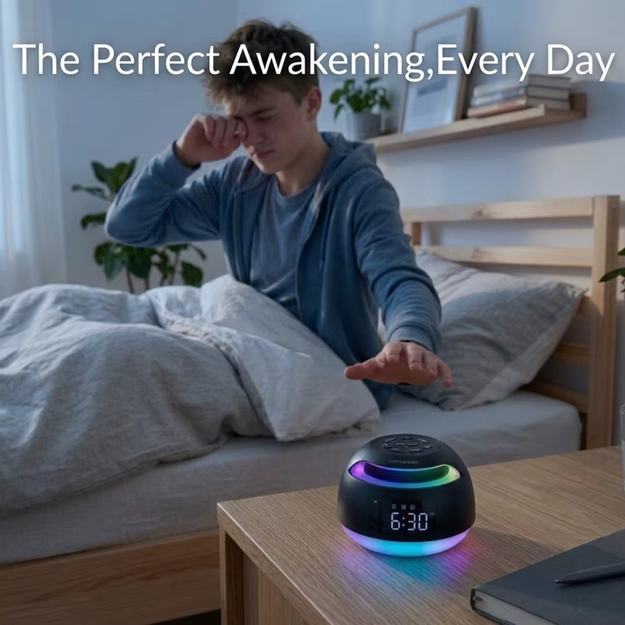Niditon Bluetooth-Lautsprecher Wecker mit FM-Radio, farbigem Nachtlicht, USB- und TF-Karten-Wiedergabe sowie Zeit- und Wochenanzeige in Schwarz - Bild 3