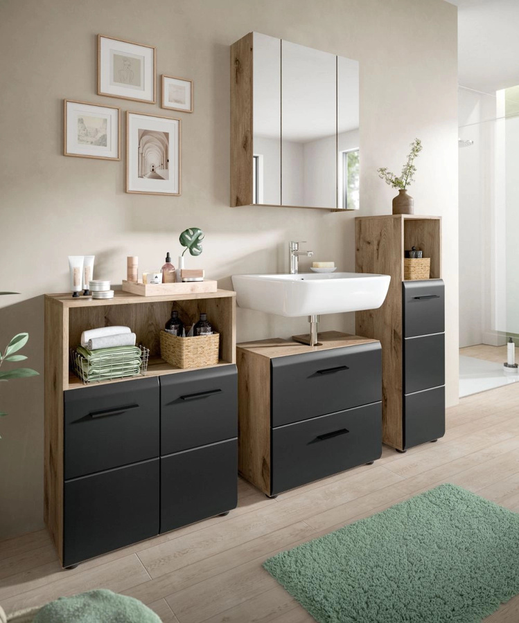 Badmöbel Set Cover von Inn.Furn in Schwarz und Eiche, 4-teilig, modern, mit Waschtischunterschrank und Spiegelschrank, Breite: 180 cm - Bild 3