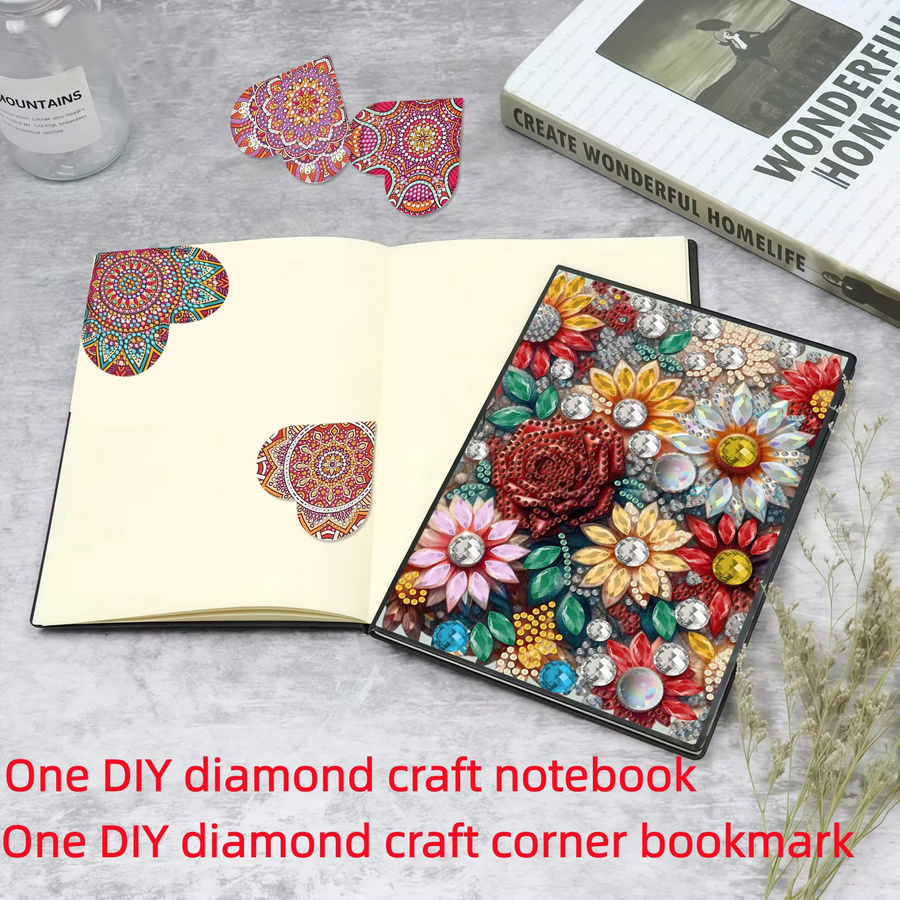 7-teiliges Diamond-Painting-Set mit Notizbuch aus PU-Leder und 6 Lesezeichen in Multicolour mit Mandala- und Blumenmustern - Bild 3