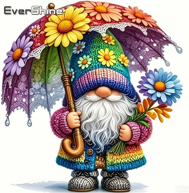 Evershine 5D DIY Kreuzstich Set Cartoon Zwerg mit Daisy Blumen, Stickerei Kit Multicolor, B/H: 30 x 30 cm - Bild 1