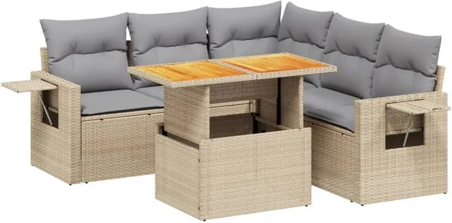 vidaXL 6-tlg Garten-Sofagarnitur in L-Form aus beige Poly Rattan mit Kissen und Akazienholz - Bild 1