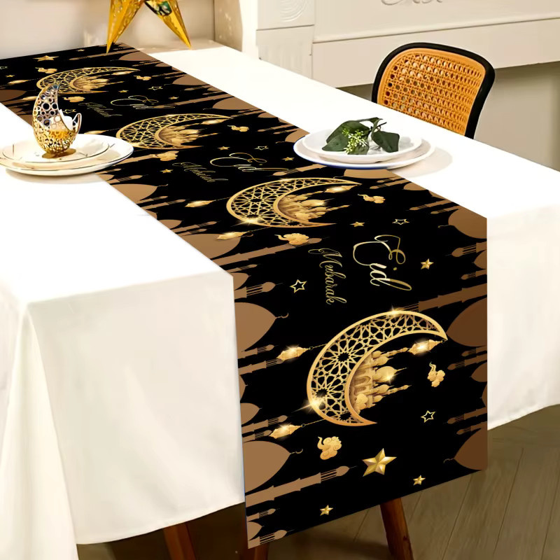 VIKAMA Tischläufer aus Leinen in Schwarz-Gold mit orientalischem Design für Ramadan und festliche Anlässe, B/H: 90 x 33 cm - Bild 4