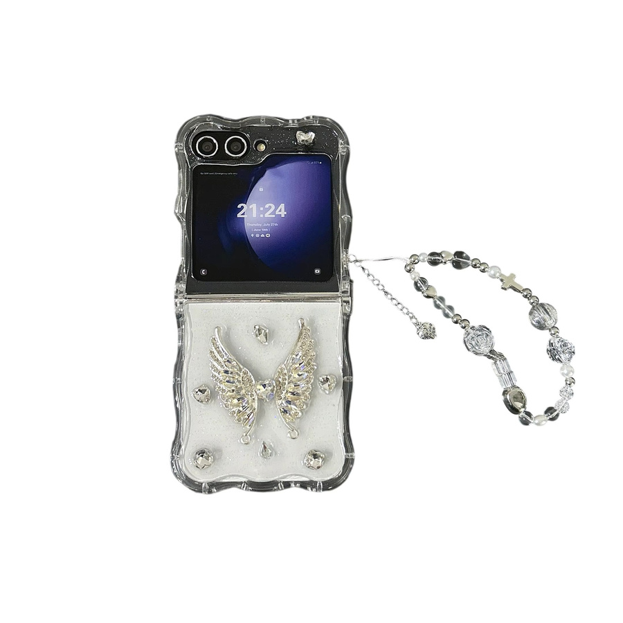 Süße Liebe Schmetterling Handyhülle für Samsung Galaxy Z Flip 3 4 5 6 7, stoßfeste Wellenabdeckung mit Lanyard in Transparent - Bild 3