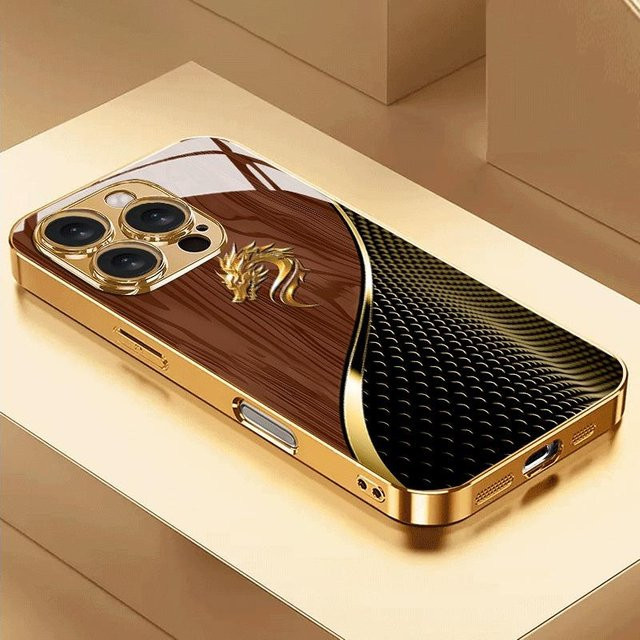 Luxuriöse Glas Handyhülle mit strukturiertem Drachenkopf in Gold Metallic für Apple iPhone 11 bis iPhone 17 Pro Max - Bild 1
