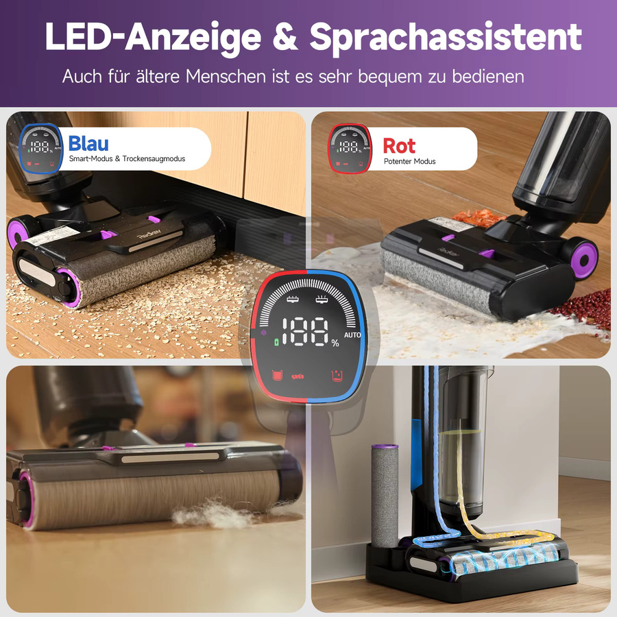 Redroad H15 Intelligenter 3-in-1 Kabelloser Nass-Trocken-Staubsauger und Bodenwischer mit Selbstreinigung in Schwarz und Lila - Bild 3