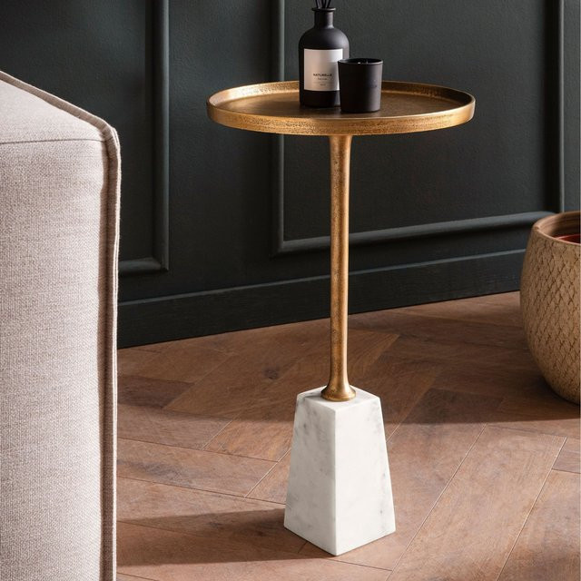 Beistelltisch FineBuy aus echtem Marmor in Weiß und Gold, rund, Durchmesser: 34 cm, Höhe: 58 cm - Bild 1