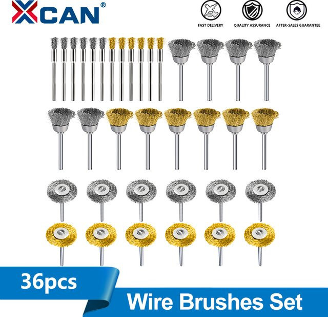 XCAN 36-teiliges Drahtbürsten-Set mit 3,0 mm Schaft aus Stahldraht und Messing zur Metallrostentfernung und zum Polieren für Dremel Rotationswerkzeuge in Silber und Gold - Bild 1