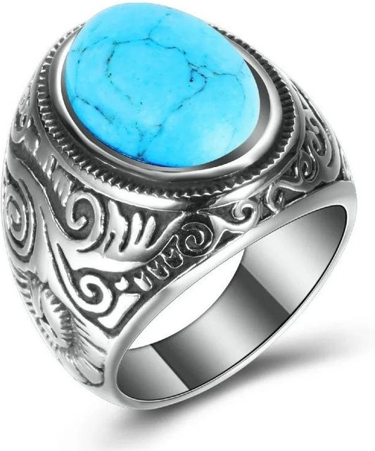 YIRAN Ring, Messing, Blauer Türkis, Schwarzer Zirkonia, Herren - Bild 1