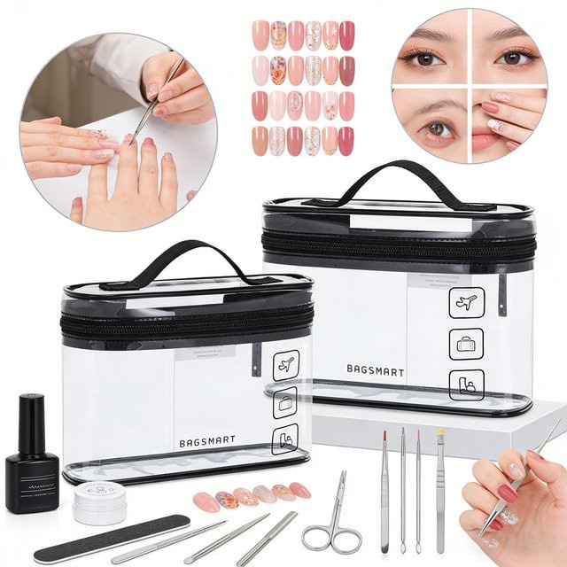 Tragbare transparente Toilettenartikel-Organizer-Tasche aus wasserdichtem PVC mit Griffen, Kosmetik- und Nagelkünstler-Tasche, Farbe: Transparent - Bild 1