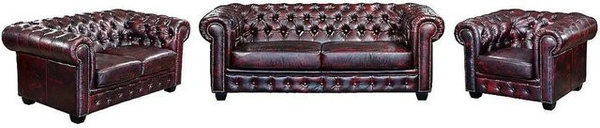 Vente-unique Couchgarnitur Brenton Chesterfield aus Leder in Bordeaux mit 3er-Sofa, 2er-Sofa und Sessel, B/T/H: 201 x 105 x 160 cm