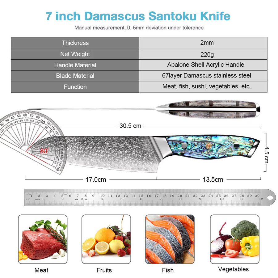 Xituo Santoku Japanisches Kochmesser aus Damaskus Edelstahl mit Full Tang Griff, 17,78 cm - Bild 2