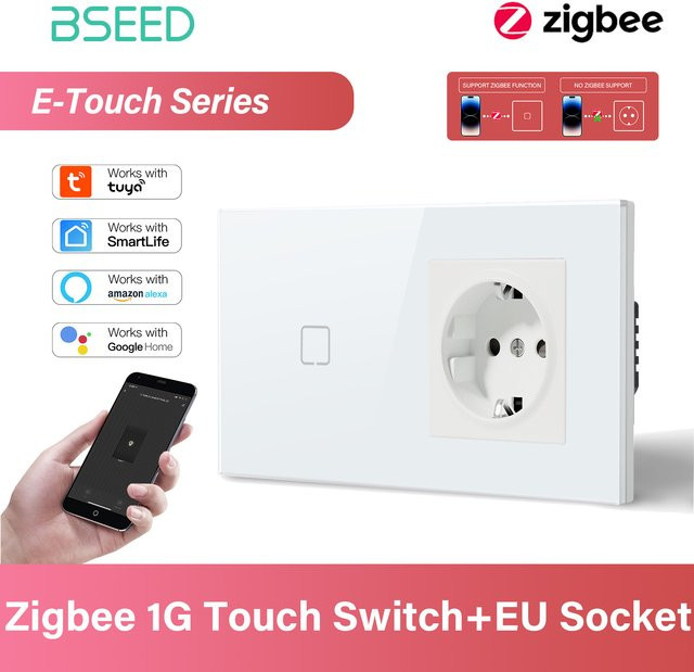 BSEED E-Serie Zigbee 1-Kanal Touch-Schalter mit Steckdose, intelligenter Lichtschalter aus weißem Glas mit gelber Hintergrundbeleuchtung, Tuya App-Steuerung, EU-Standard - Bild 1