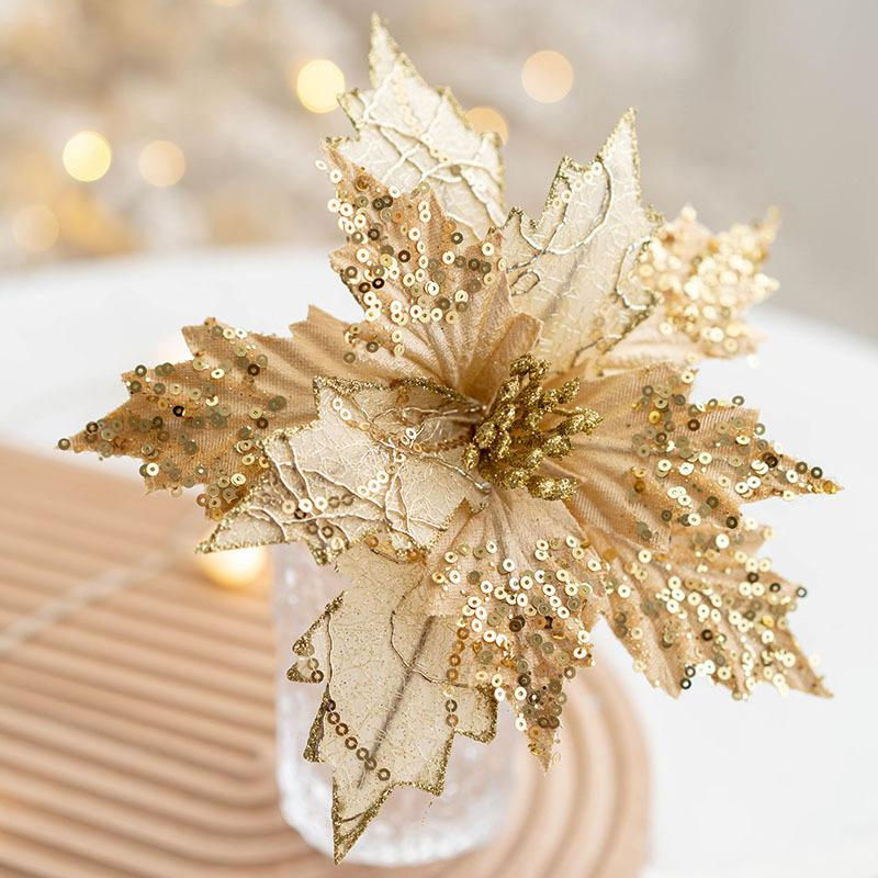Love Home Garden Künstliche Weihnachtsblume mit Pailletten und Sequins für Weihnachtsbaum und Dekoration, Textil, Farben: Gold, Silber, Champagner, Rot - Bild 4