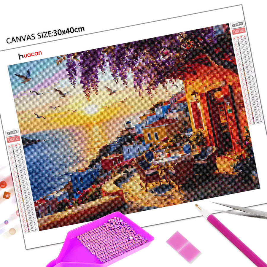 Huacan Rundes Diamantgemälde Landschaft Sonnenuntergang am Mittelmeer, Dekorative Diamantmosaik Wandkunst, B/H: 30 x 30 cm - Bild 2
