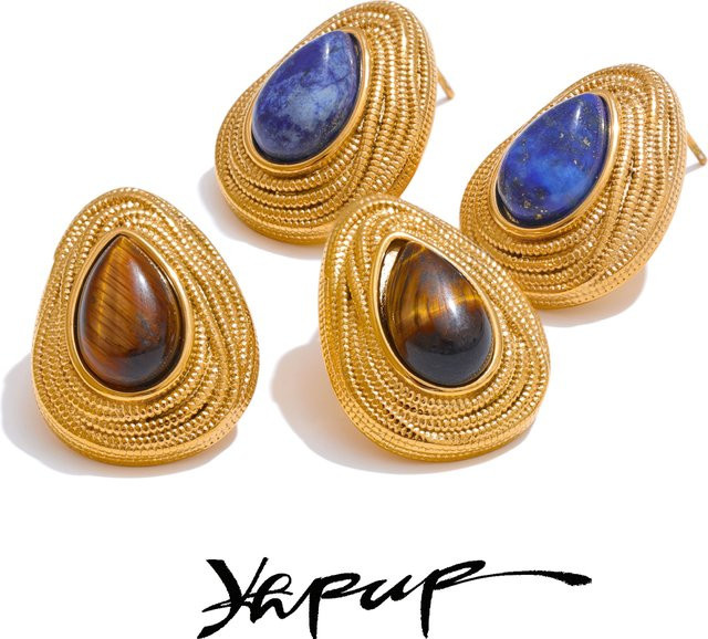 Yhpup Ohrstecker, Tiger Lapislazuli, Gold Farbe, Wassertropfen - Bild 1