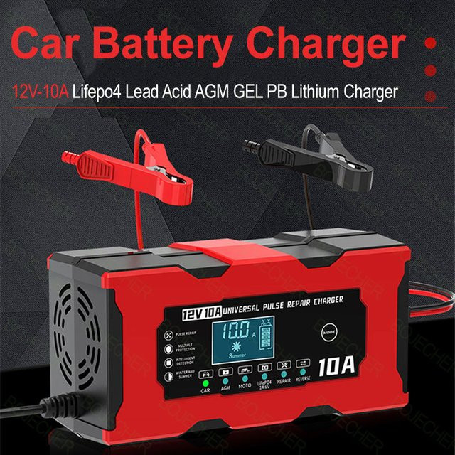 Smart Auto Batterie Ladegerät mit LCD Display, 12V 10A Puls Reparatur Ladegerät für LiFePO4, Blei-Säure, AGM, GEL und PB Lithium-Batterien, Farbe: Rot - Bild 1