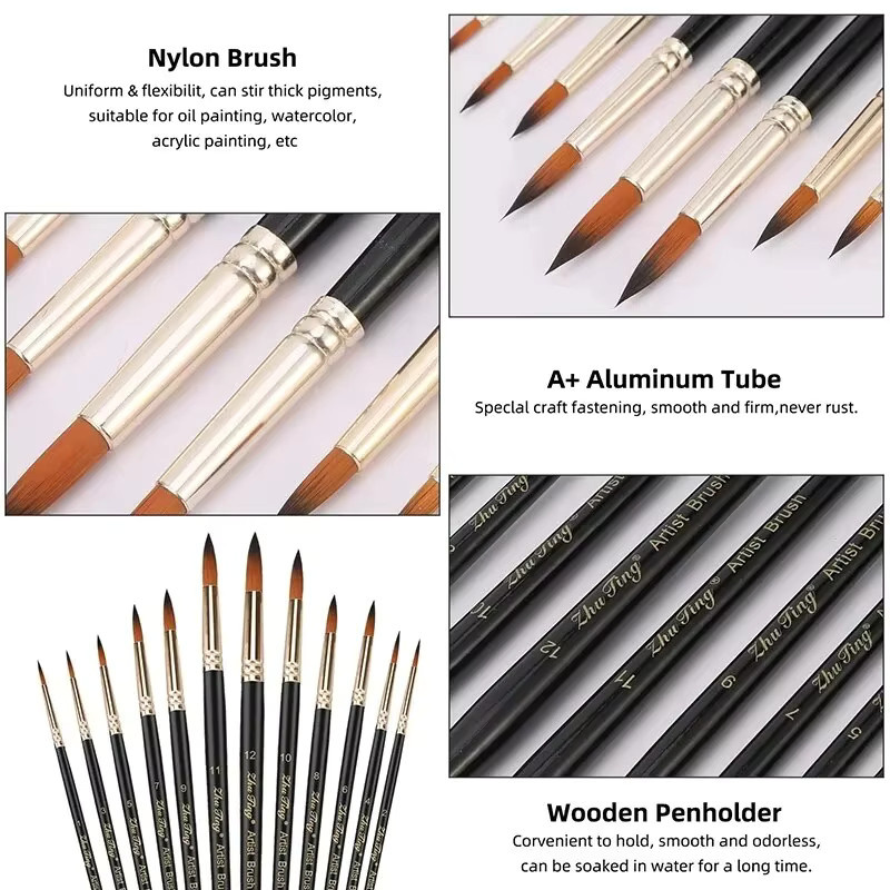 12er Set Professionelle Künstlerpinsel mit runder Spitze aus schwarzem Nylon für Aquarell, Acryl und Ölfarben - Bild 3