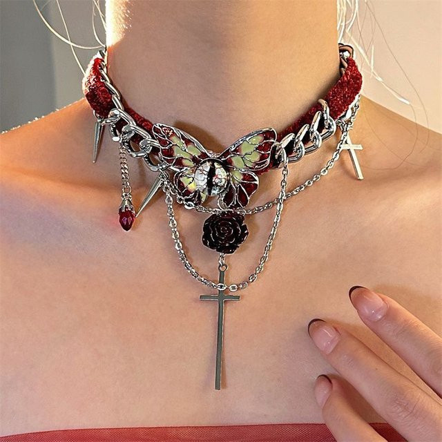 imixlot Halskette, Metall, Silber, Schmetterling Blume Kreuz Anhänger, Unisex - Bild 1