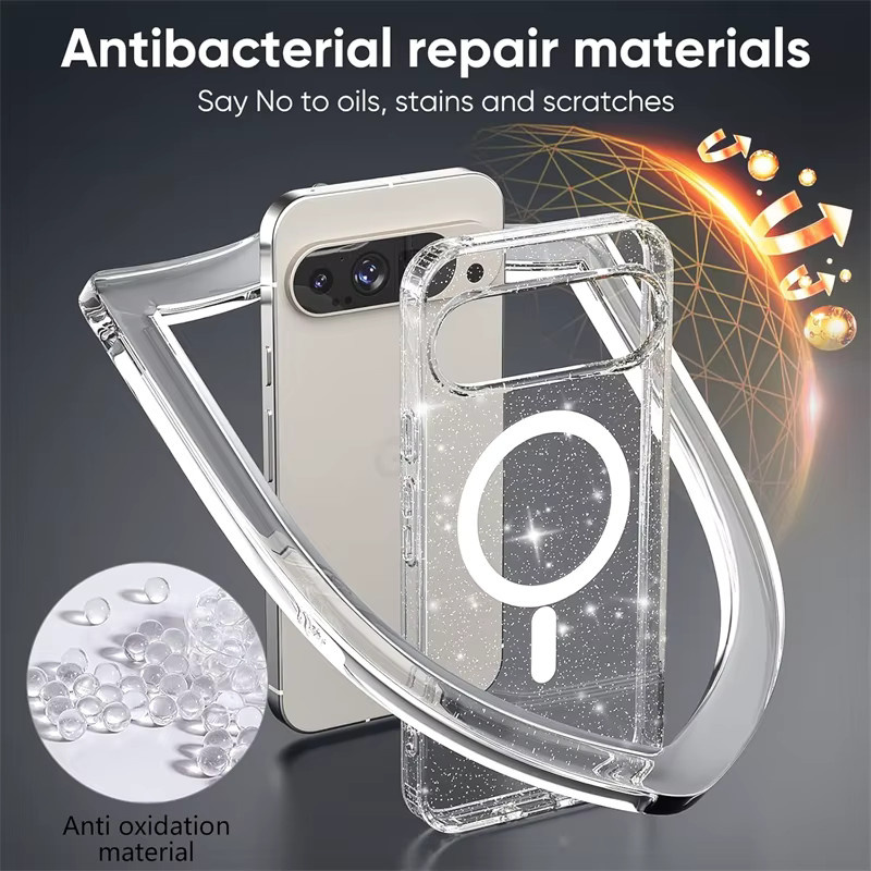 Magnetische Bling Glitter Handyhülle für Google Pixel 8, 9 Pro XL und 10 Pro in Transparent Pink mit MagSafe Kompatibilität - Bild 4
