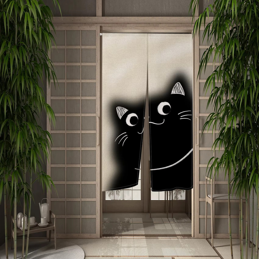 VIKAMA Katzen-Türvorhang im japanischen Norin-Stil, schwarz-weiß, Cartoon-Design, Breite: 90 cm, Höhe: 65 cm - Bild 2