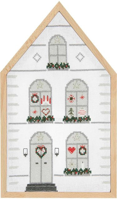 Rico Design Stickpackung Haus groß mit winterlichem Kreuzstich-Motiv aus Baumwolle, B: 16 cm, H: 27 cm - Bild 1