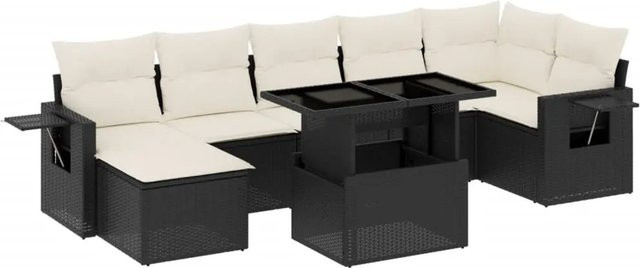 vidaXL 8-tlg. Garten-Sofagarnitur in L-Form aus Poly-Rattan und pulverbeschichtetem Stahl mit Kissen in Schwarz-Creme - Bild 1