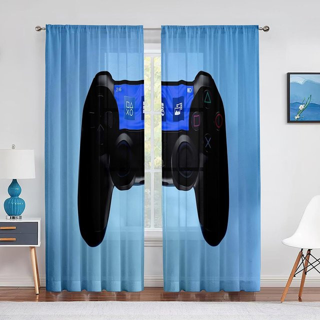 Yiran Furniture Gamepad Gamer Transparente Voile-Vorhänge aus Polyester mit Grafik, 2 Stück, Breite: 100 cm, Höhe: 130 cm - Bild 1