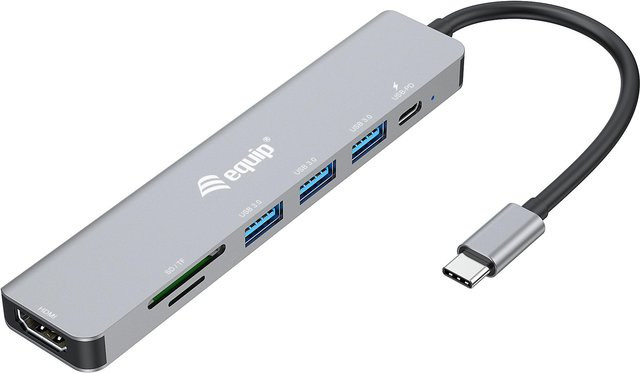 Equip USB-C 7-in-1 Multifunktionsadapter in Silber mit HDMI 4K/60Hz, 3x USB 3.2 Gen1, TF/Micro SD und 100W USB PD Power Delivery - Bild 1