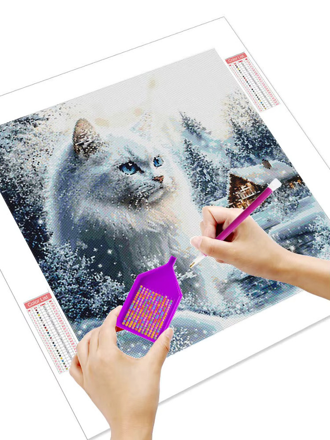 Huacan DIY Diamantmalerei Set Katze in Winterlandschaft mit runden Steinen, Dekorative Wandillustration für Erwachsene, Breite: 20 cm, Höhe: 20 cm - Bild 3